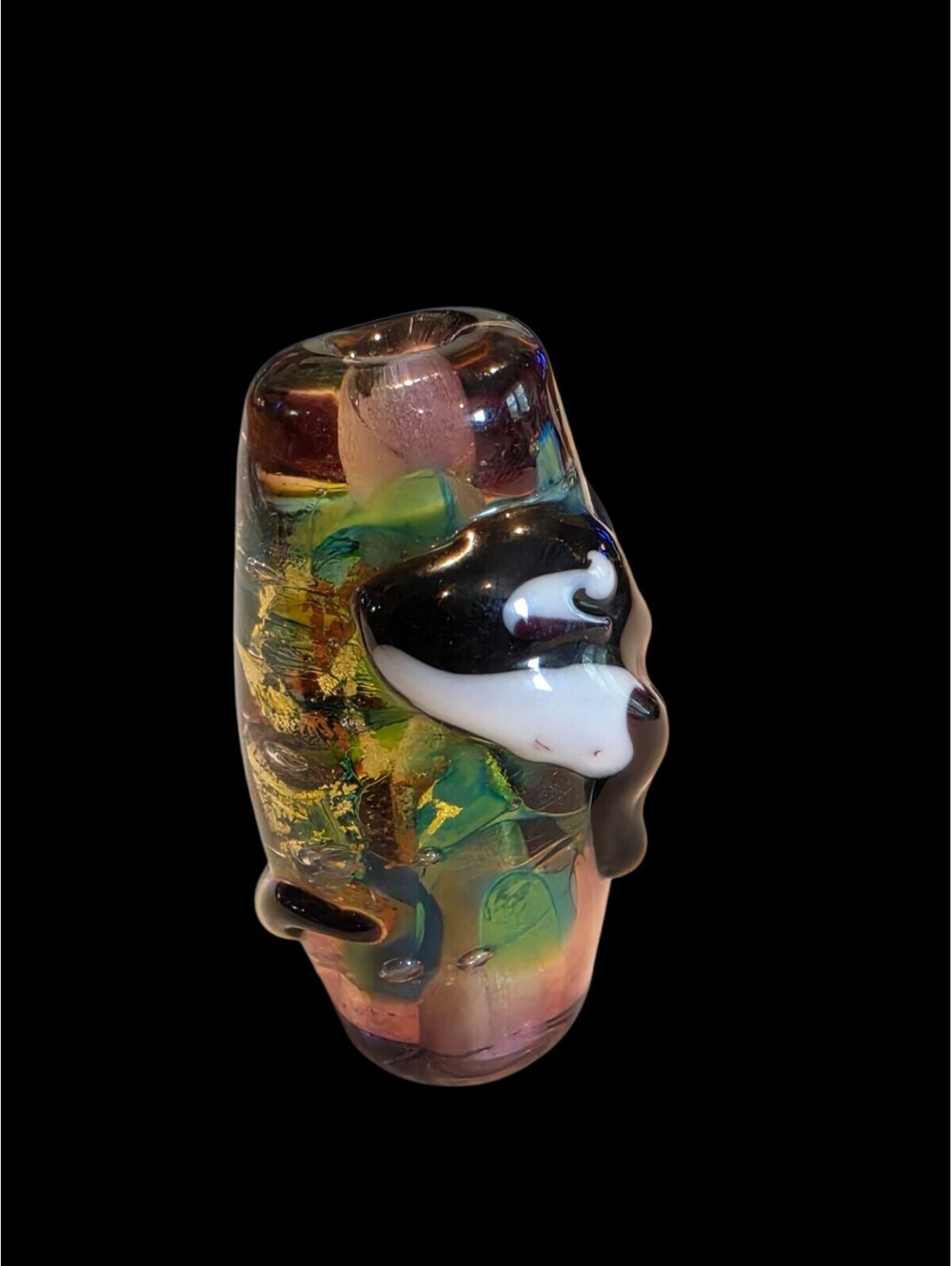 Artisan Lampwork Glass Focal Bead 3D Orca Killer Whale Gold Foil Cylinder